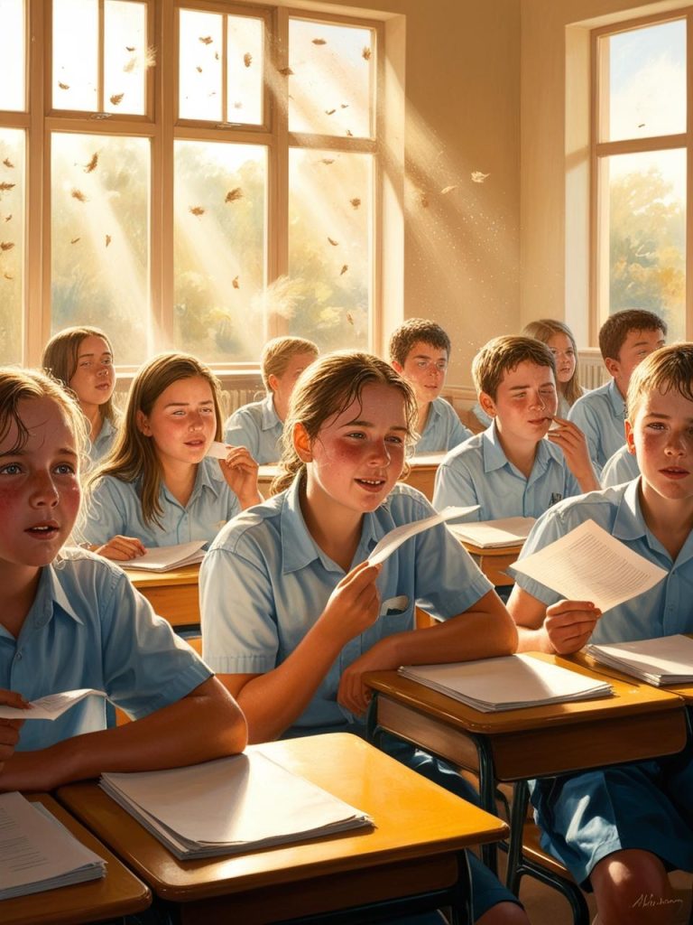 Une classe d'école où les élèves ont chaud car il y a une canicule.